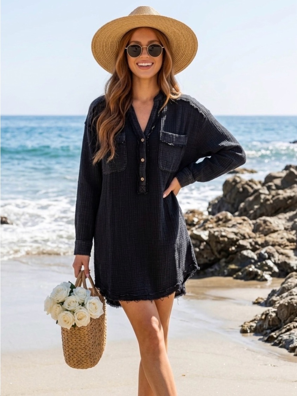 In Loom Boutique Black Gauze Long Sleeve Dress Sz L